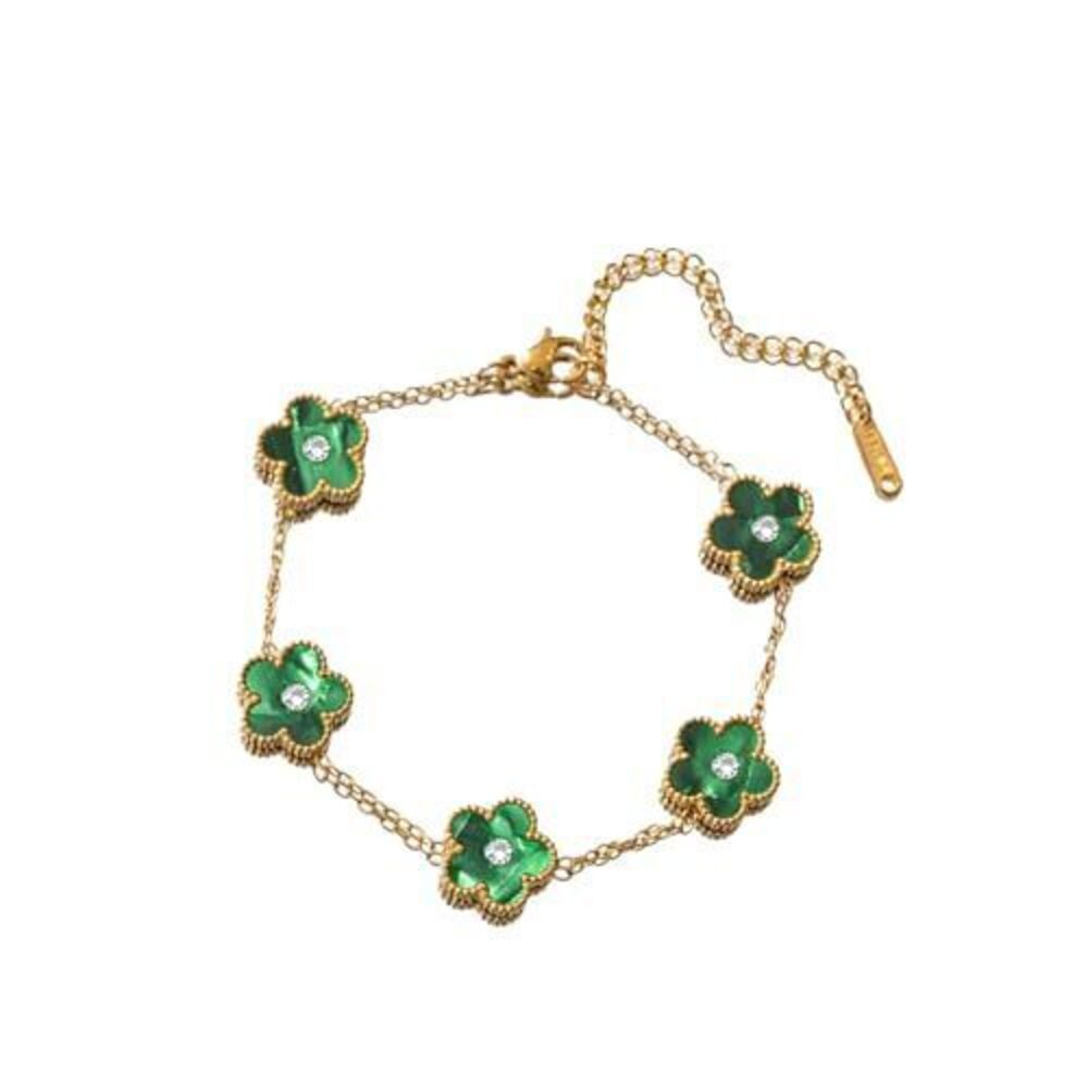 3234 Green Five Leaf Clover Bracelet , 18K Gold Plated Stainless Steel